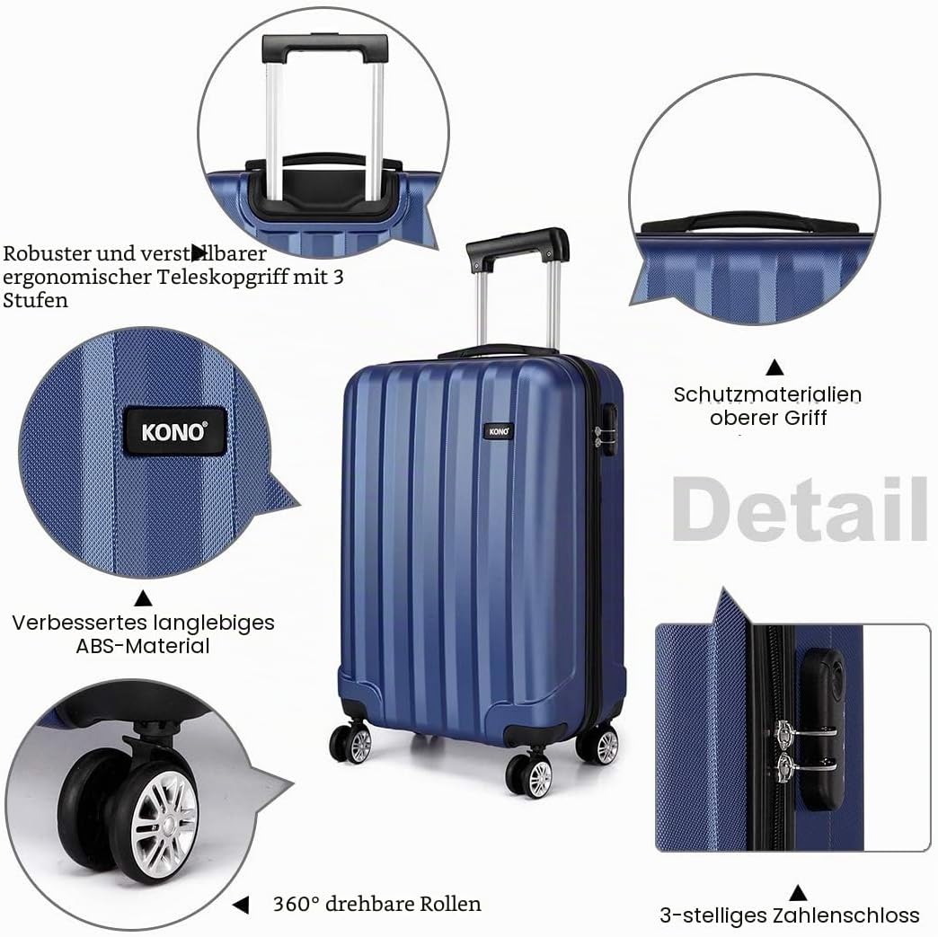 KONO Handgepäck Koffer Trolley ABS+PC Leicht Kabinenkoffer Reisekoffer mit 4 Rollen und Zahlenschlos