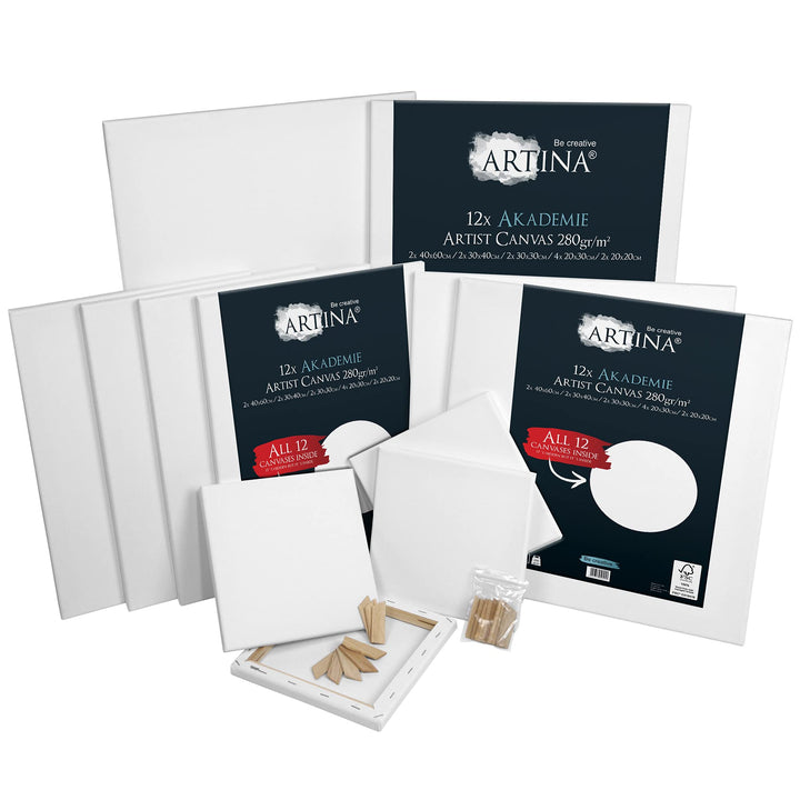 Artina FSC® Keilrahmen 12er Set Akademie 30x40, 20x20, 20x30, 30x30 &amp; 40x60 cm – Leinwand Set Maltuc