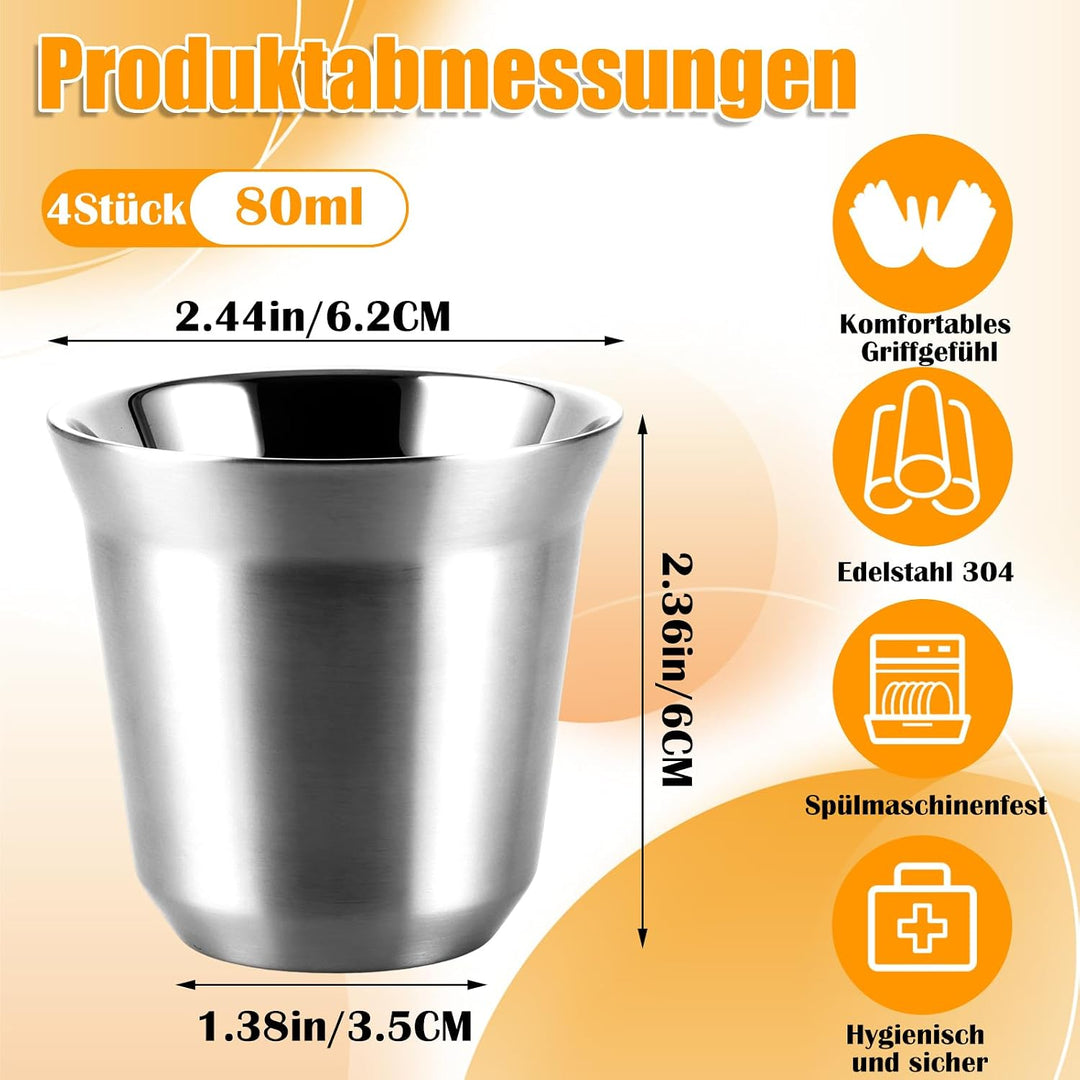 4 Stück edelstahl espressotassen espresso thermobecher tasse 80ml | Doppelwandig, edelstahl becher,