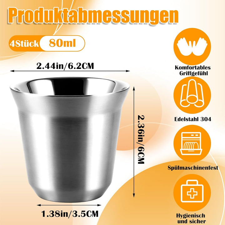 4 Stück edelstahl espressotassen espresso thermobecher tasse 80ml | Doppelwandig, edelstahl becher,