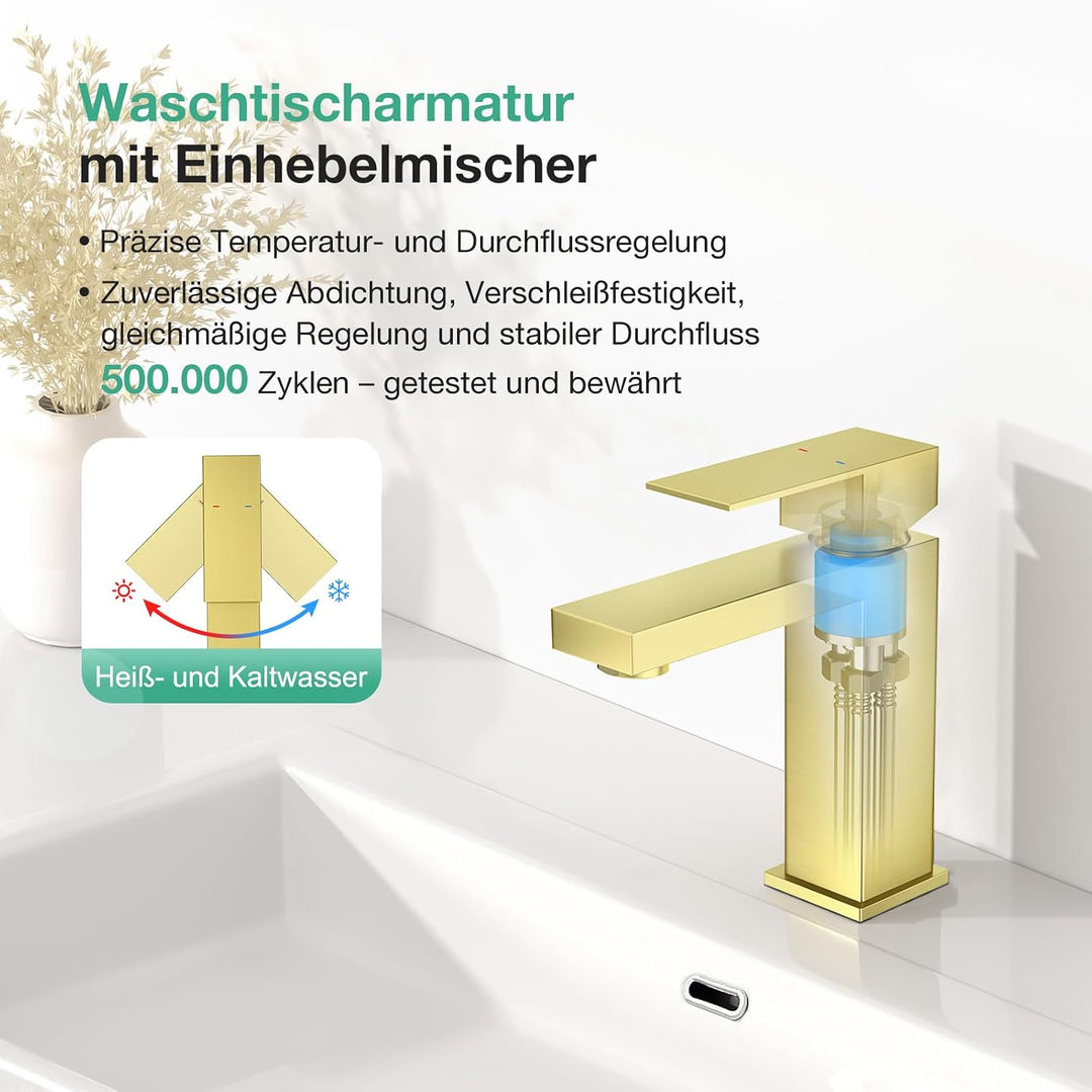 Faustina Waschtischarmatur Bad für Waschbecken eckig mit Pop-Up Ablaufgarnitur, Einhebelmischer Wasc