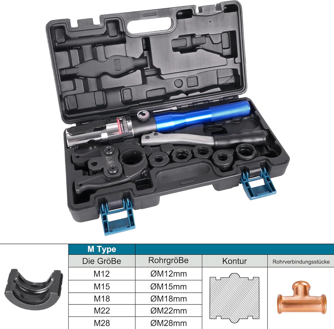 AMZCNC Profi Presszange (hydraulisch) Presswerkzeug M-Kontur 12-15-18-22-28 Set Presswerkzeug HPZ mi