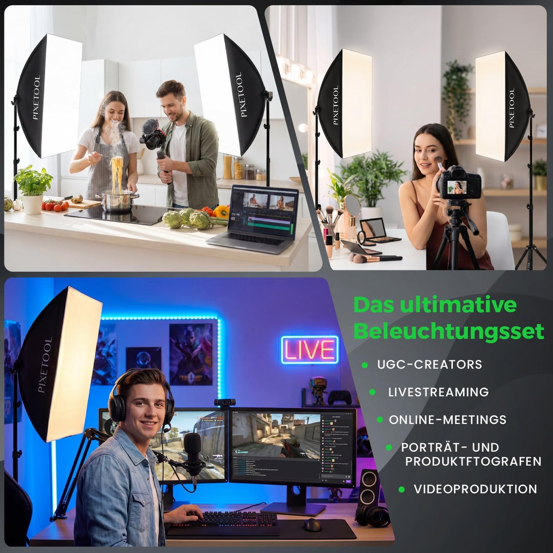Fotostudio Set – 2 Softbox Licht, 2 Durchlichtschirm, 2 LED Lampen 4800 Lumen 3000-6000K – 50x70 cm