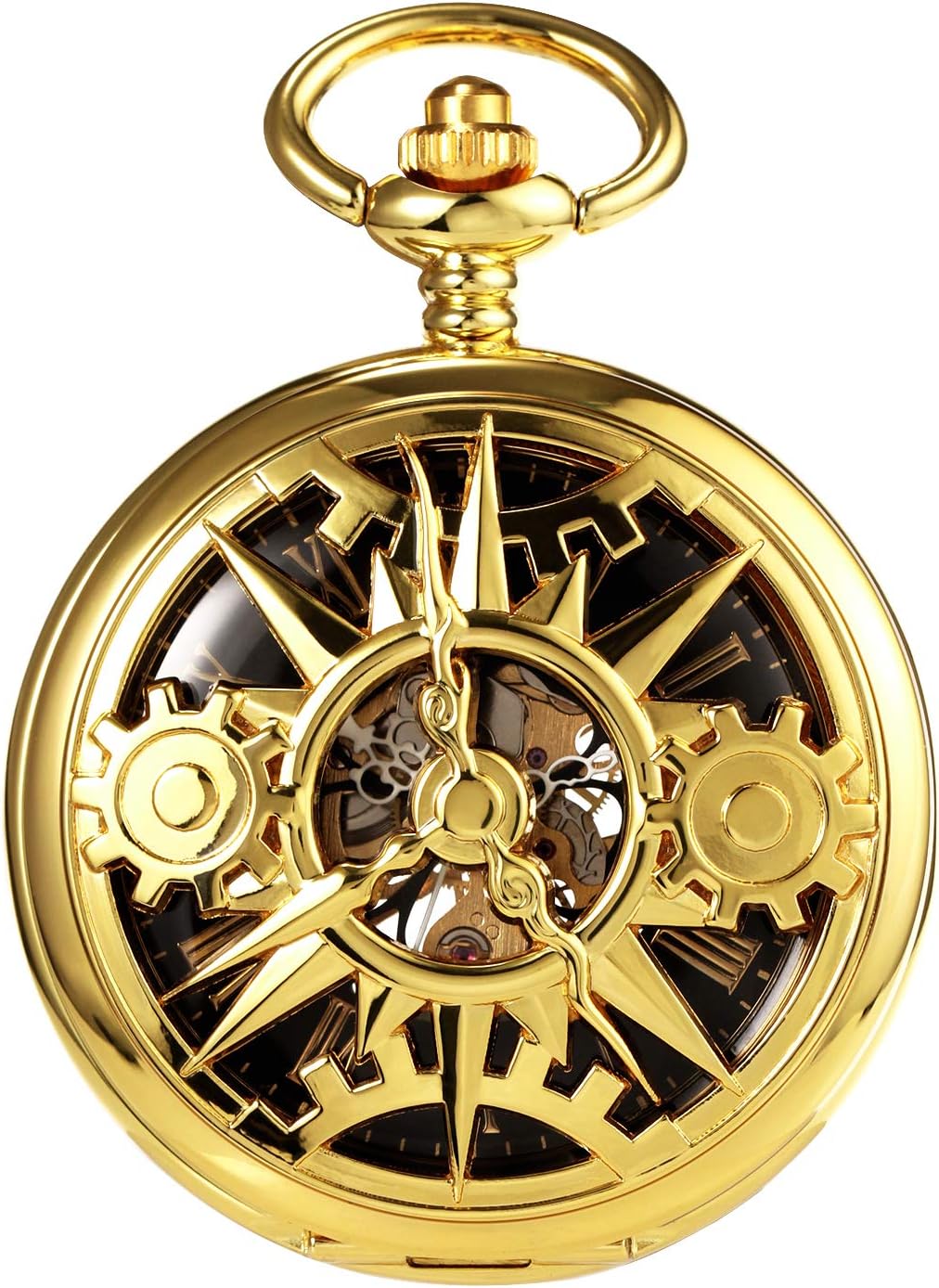 TREEWETO Unisex Taschenuhr mit Kette Analog Handaufzug Doppelscharnier Mechanisch Getriebe Skelett F