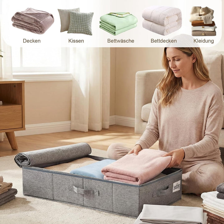 2er Set Unterbett Aufbewahrungsbox 17cm Hoch - Unterbettkommode mit Decke aus Leinenmaterial, 3 Grif