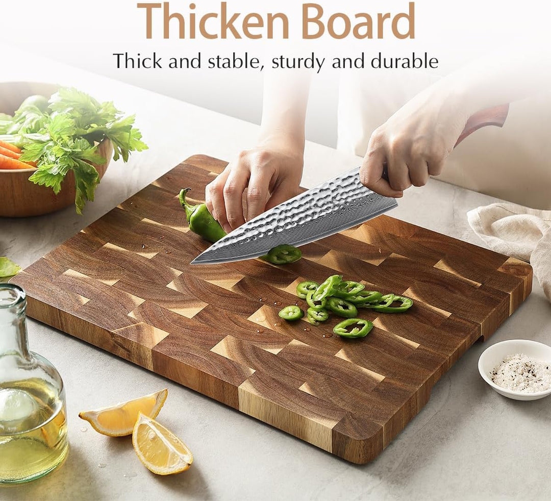 HEZHEN Akazienholz Hackbretter, Hirnholz Schneidebrett,Servierbrett, Rutschfesten Füssen,Eingebauten