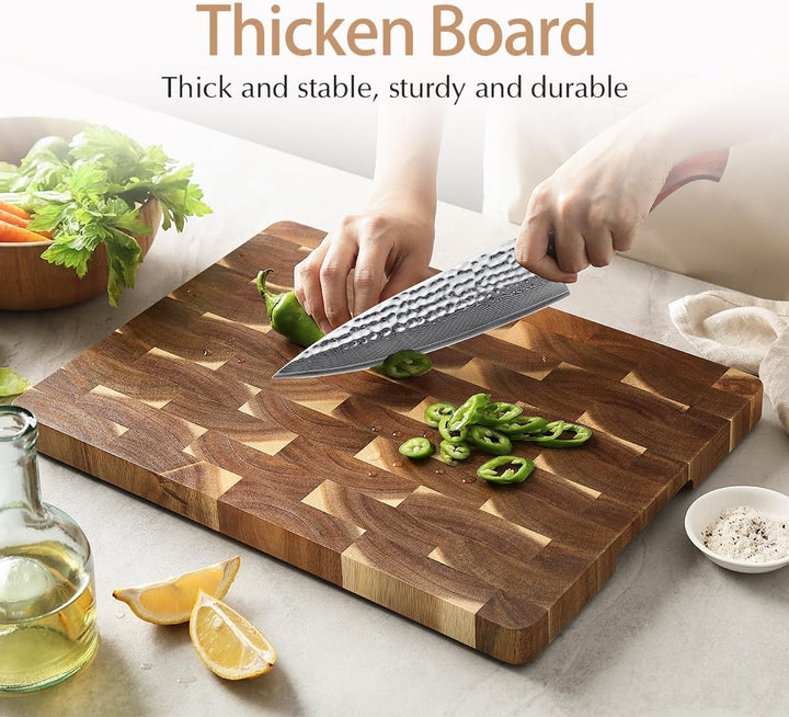 HEZHEN Akazienholz Hackbretter, Hirnholz Schneidebrett,Servierbrett, Rutschfesten Füssen,Eingebauten
