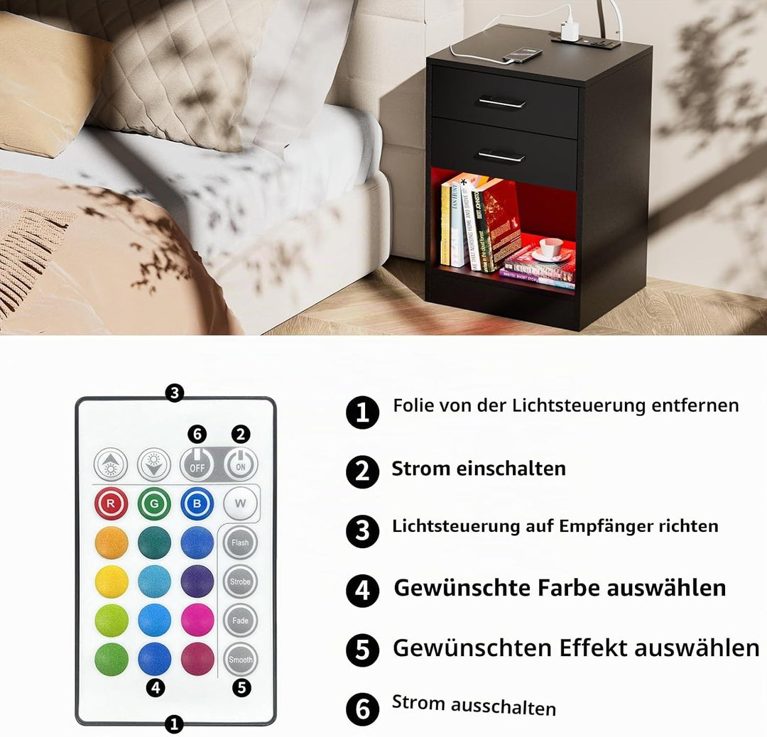 PIPIPOXER Nachttisch Schwarz mit Steckdose &amp; USB, Nachtkommode mit 2 Schubladen Nachschrank für Wohn
