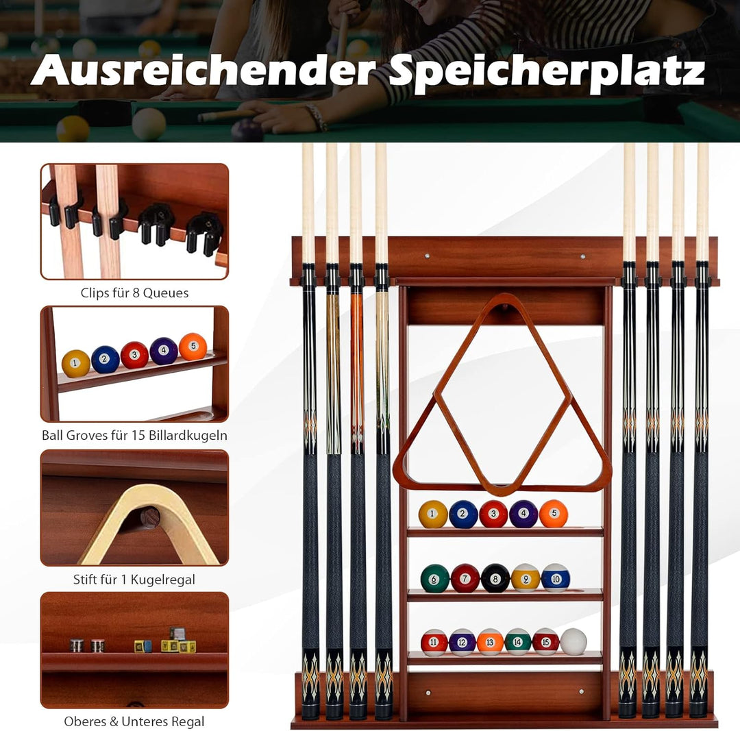 COSTWAY Billard Queue Halter Wandmontage, Wandqueuehalter für 8 Queues, 15 Billardkugeln und 1 Balls