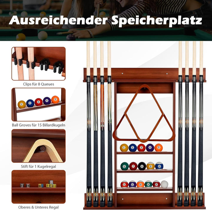 COSTWAY Billard Queue Halter Wandmontage, Wandqueuehalter für 8 Queues, 15 Billardkugeln und 1 Balls