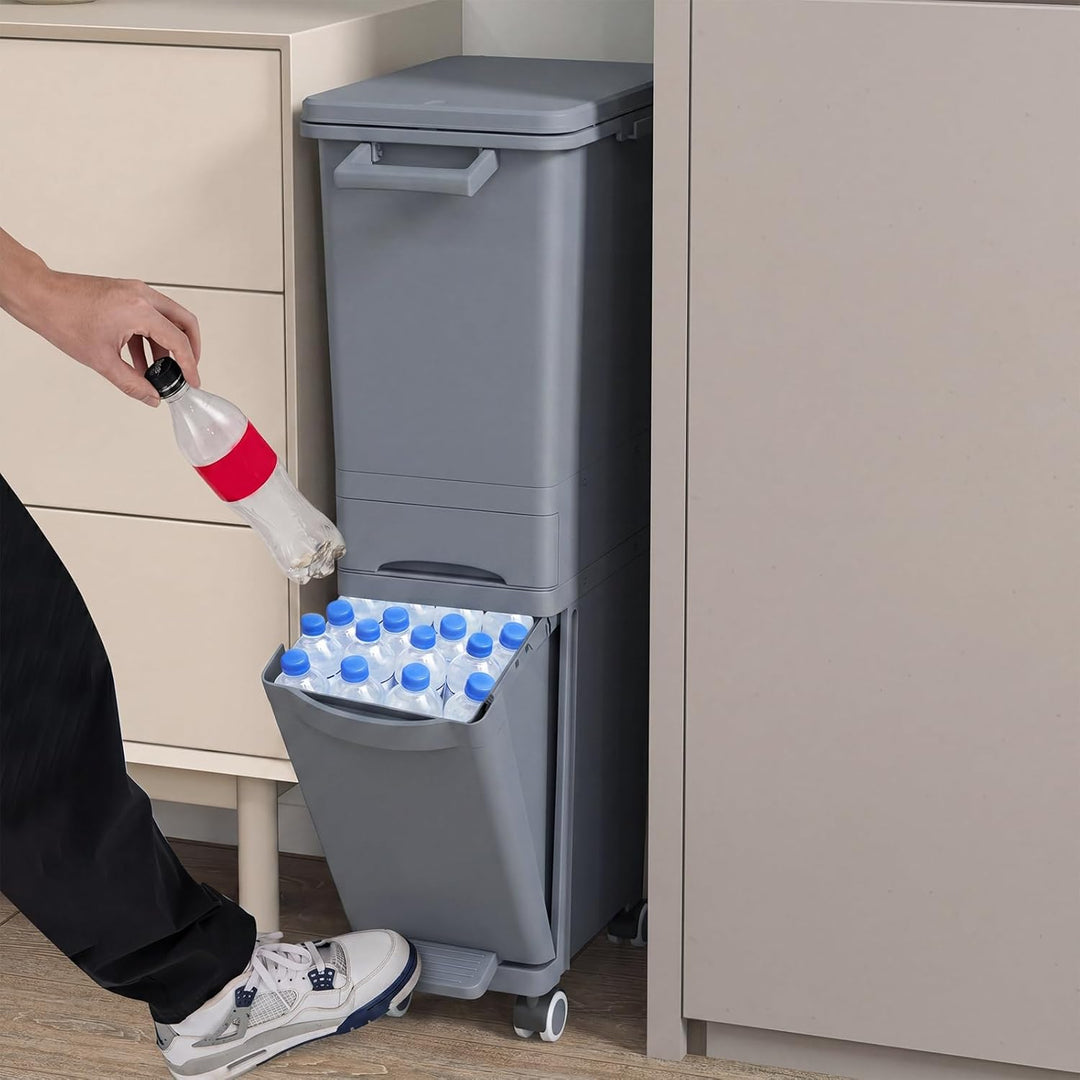 COSTWAY Mülleimer 3 Fächer, 32L Abfalleimer mit neigbarem Behälter, Schublade & Aufkleber, Tretmülle