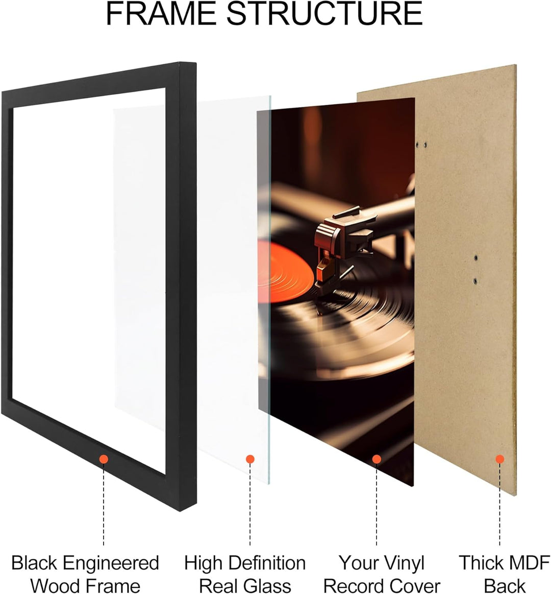 2 Stück Schallplattenrahmen für die Wand Display Album Cover mit Echtglas Schwarz 12,5x12,5 Rahmen f