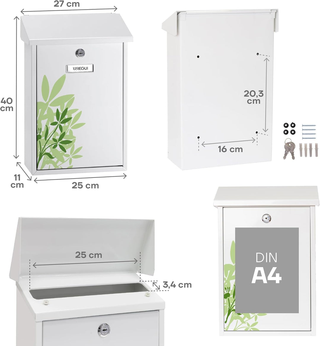 ARREGUI Premium E5608 Briefkasten aus Verzinktem Stahl, mit im Siebdruck lackiertem Blätter - Motiv