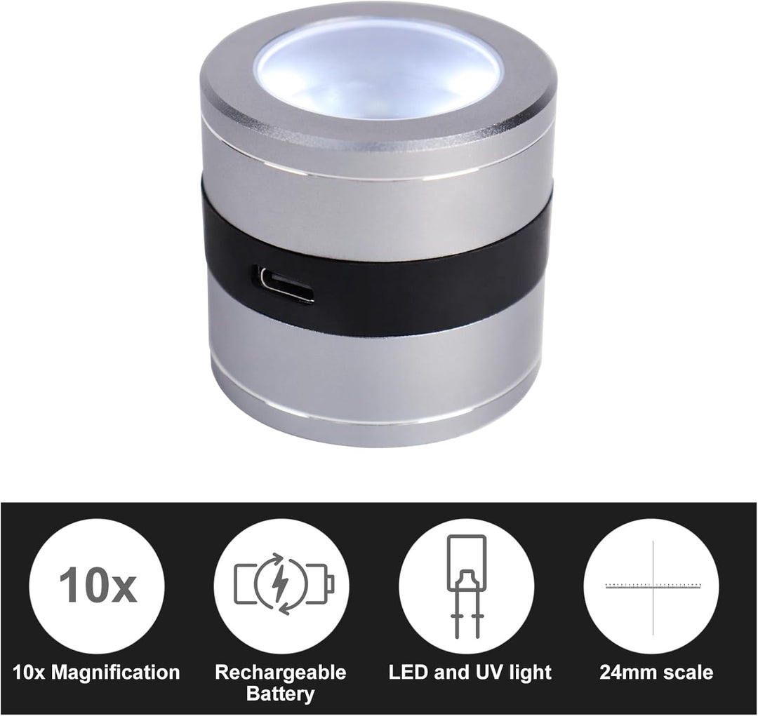 10X Juwelierlupe mit LED- und UV-Licht, metrischer Skala, USB-LED-Ladeanzeige. Ideal für Schmuck, Te