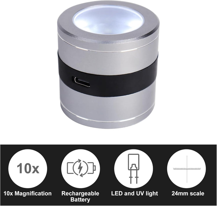 10X Juwelierlupe mit LED- und UV-Licht, metrischer Skala, USB-LED-Ladeanzeige. Ideal für Schmuck, Te