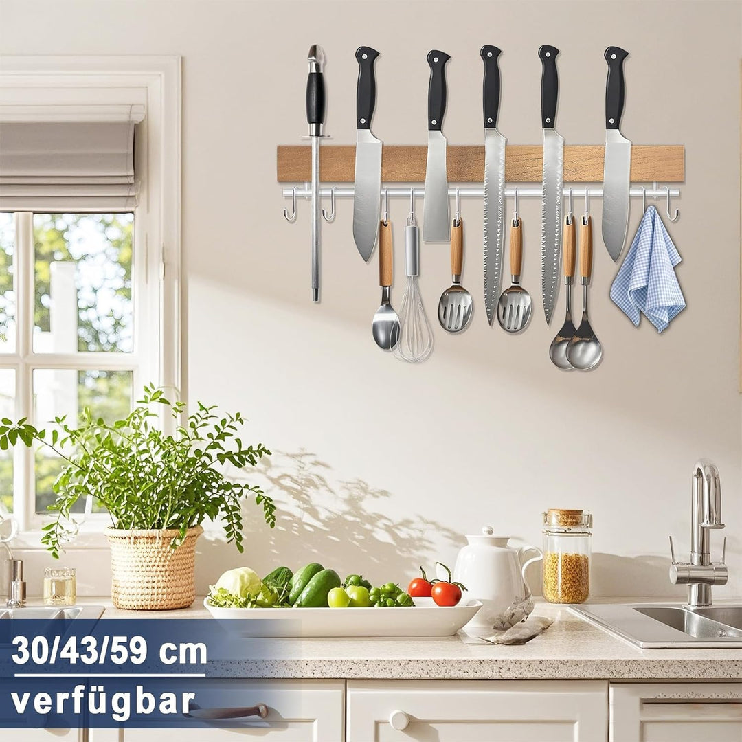 Dmore Magnetleiste Messer mit 10 Haken,43 cm Messerhalter magnetisch aus Holz, Magnet Messerhalter m