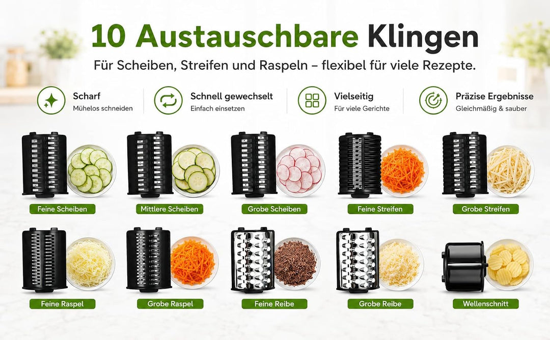 Elektrische Gemüsereibe, 1000 W, mit 10 Klingen aus Edelstahl, elektrischer Gemüseschneider für Karo