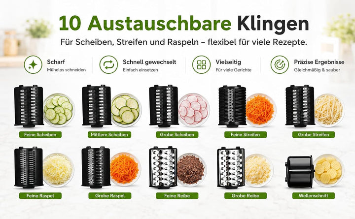Elektrische Gemüsereibe, 1000 W, mit 10 Klingen aus Edelstahl, elektrischer Gemüseschneider für Karo