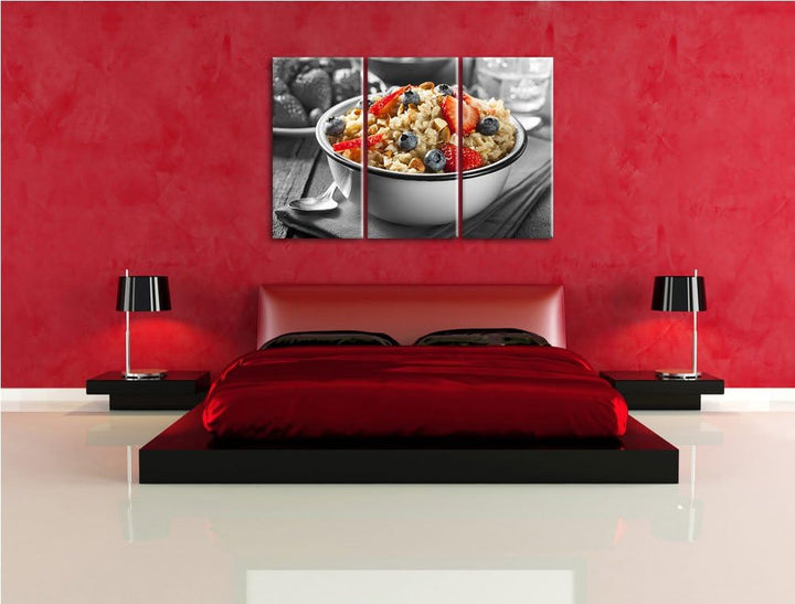 Süsses Früchte Müsli schwarz/weiss 3-Teiler Leinwandbild 120x80 Bild auf Leinwand, XXL riesige Bilde