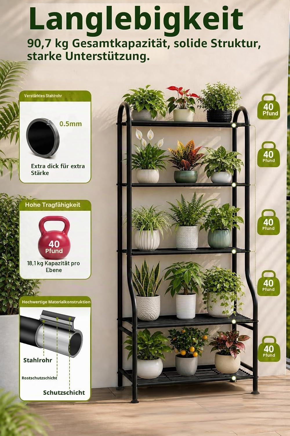 5-stöckiger Pflanzenständer aus Metall für drinnen und draussen, wasserdichter Blumenständer für meh