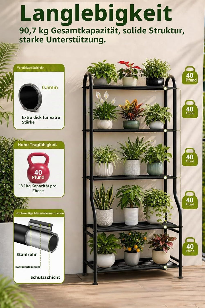 5-stöckiger Pflanzenständer aus Metall für drinnen und draussen, wasserdichter Blumenständer für meh