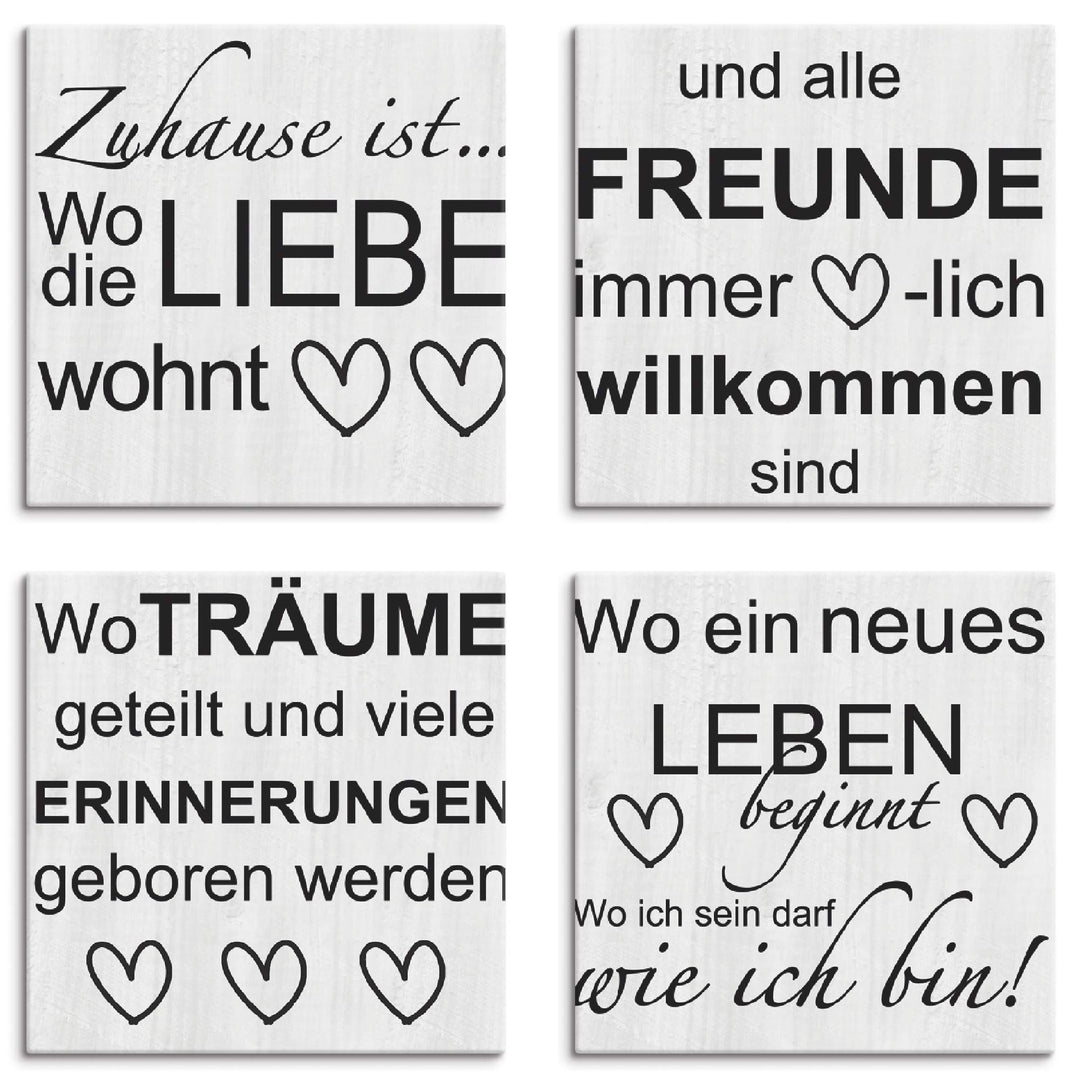 ARTLAND Leinwandbilder auf Holz Wandbild Bild Set 4 teilig je 40x40 cm Quadratisch Bilder mit Sprüch