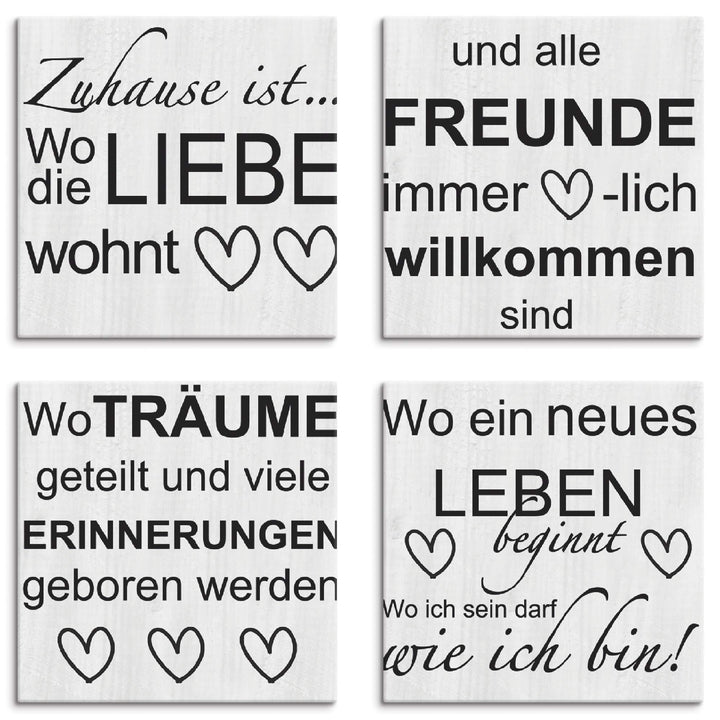 ARTLAND Leinwandbilder auf Holz Wandbild Bild Set 4 teilig je 40x40 cm Quadratisch Bilder mit Sprüch