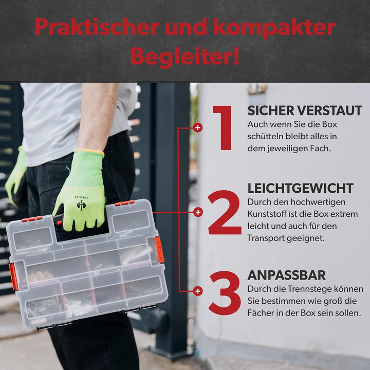 3 x siwitec Sortimentskasten, 10 Fächer und 6 anpassbare Trennstege, stapelbar, Sortimentsbox Kleint