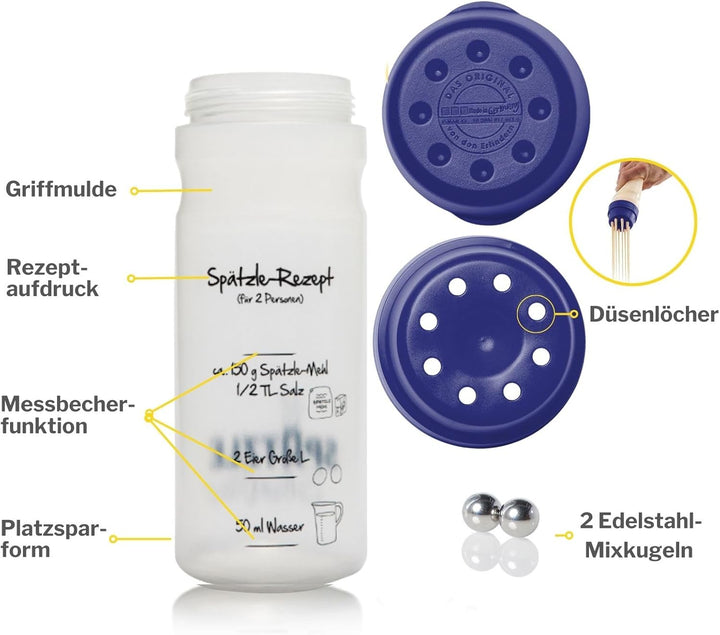 Das Original Spätzle-Shaker für 4 Portionen 875ml dunkelblau Selbstgemachte Spätzle mit unserem Spät