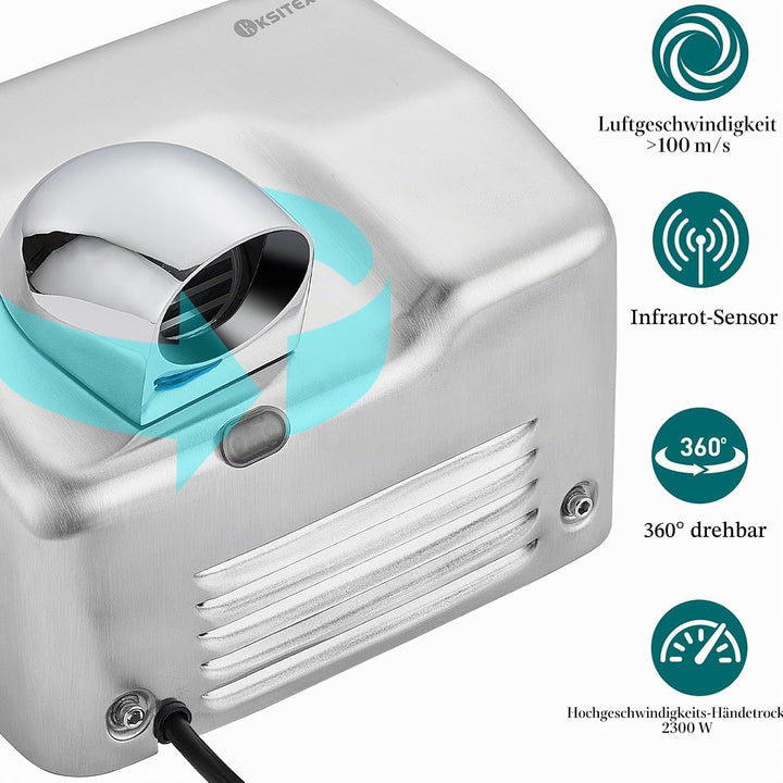Handtrockner Kommerziell, Edelstahl – Schneller Elektrischer Händetrockner wandmontiert, 2300W, Auto