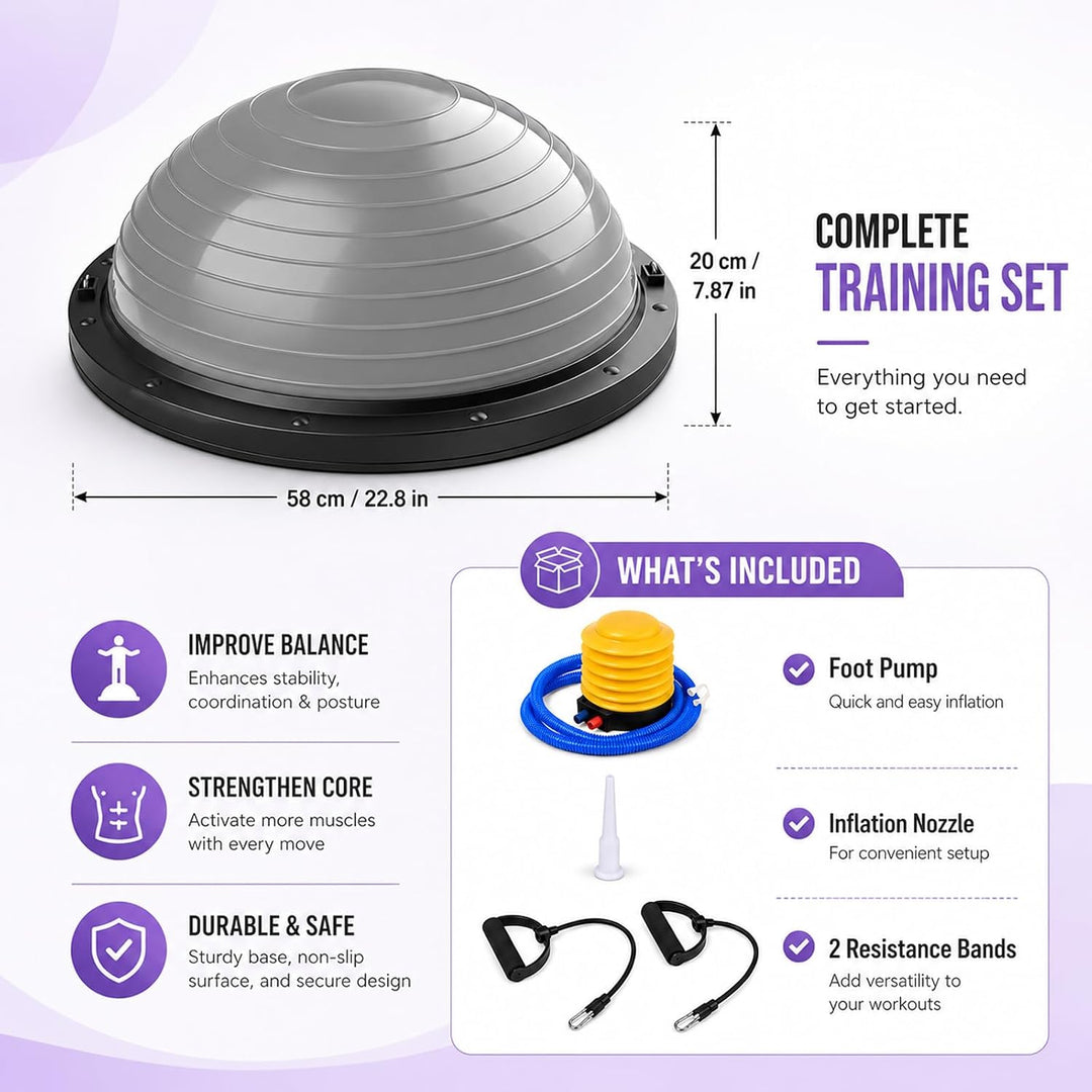 Balance Ball Halbkugel, Yoga Ball Trainer mit Pumpe 2 Fitnessbändern 58cm, 58cm