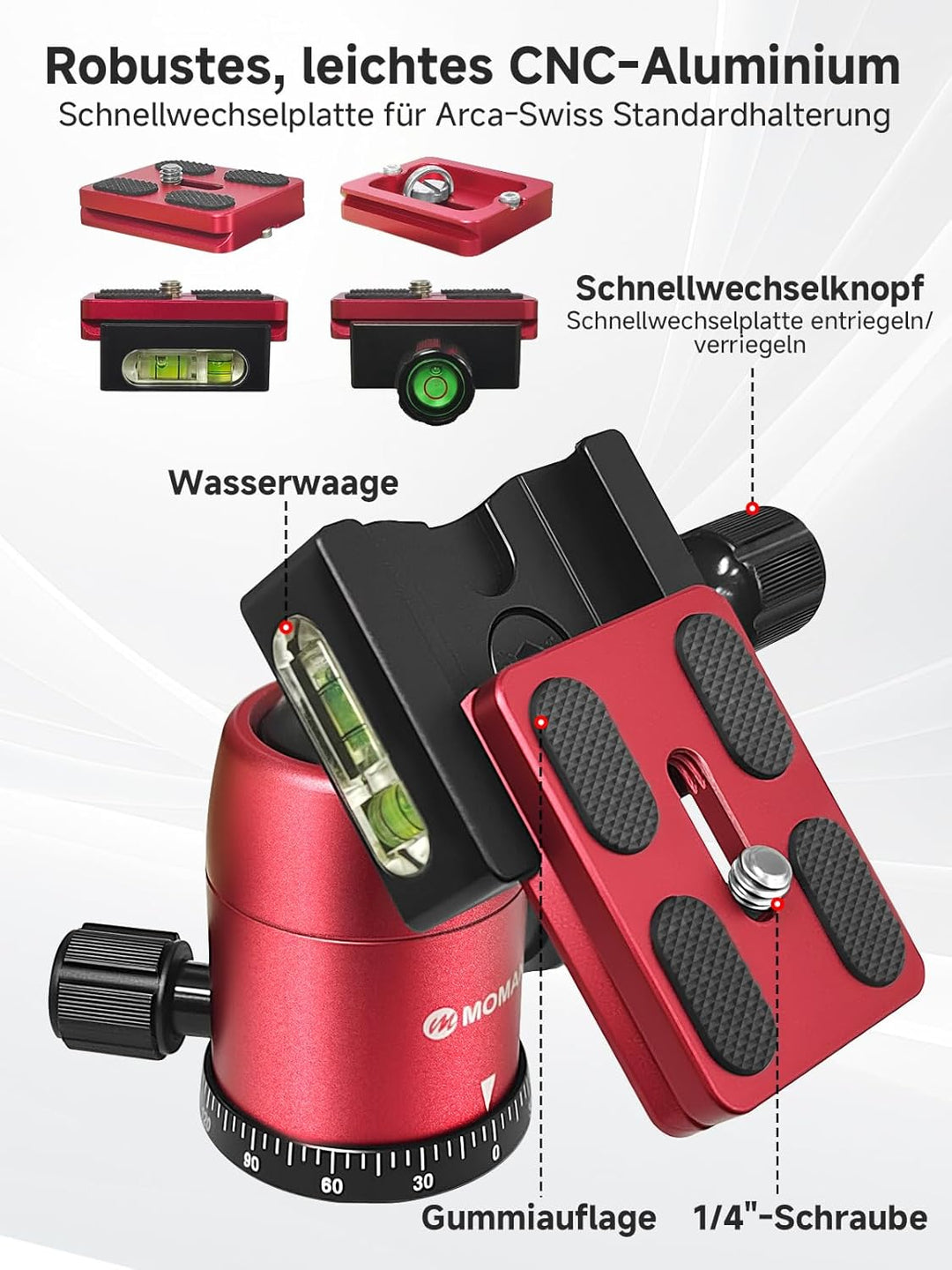 Moman Tischstativ mit Kugelkopf, Mini Kamera Stativ 360° Stativkopf, 1/4 3/8 Schraubbefestigung, CNC