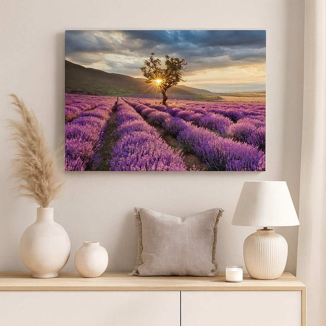 Bilder auf Leinwand 100x70cm Leinwandbild mit Rahmen Lavendel Berge Feld Gross Wanddeko Bild Schlafz