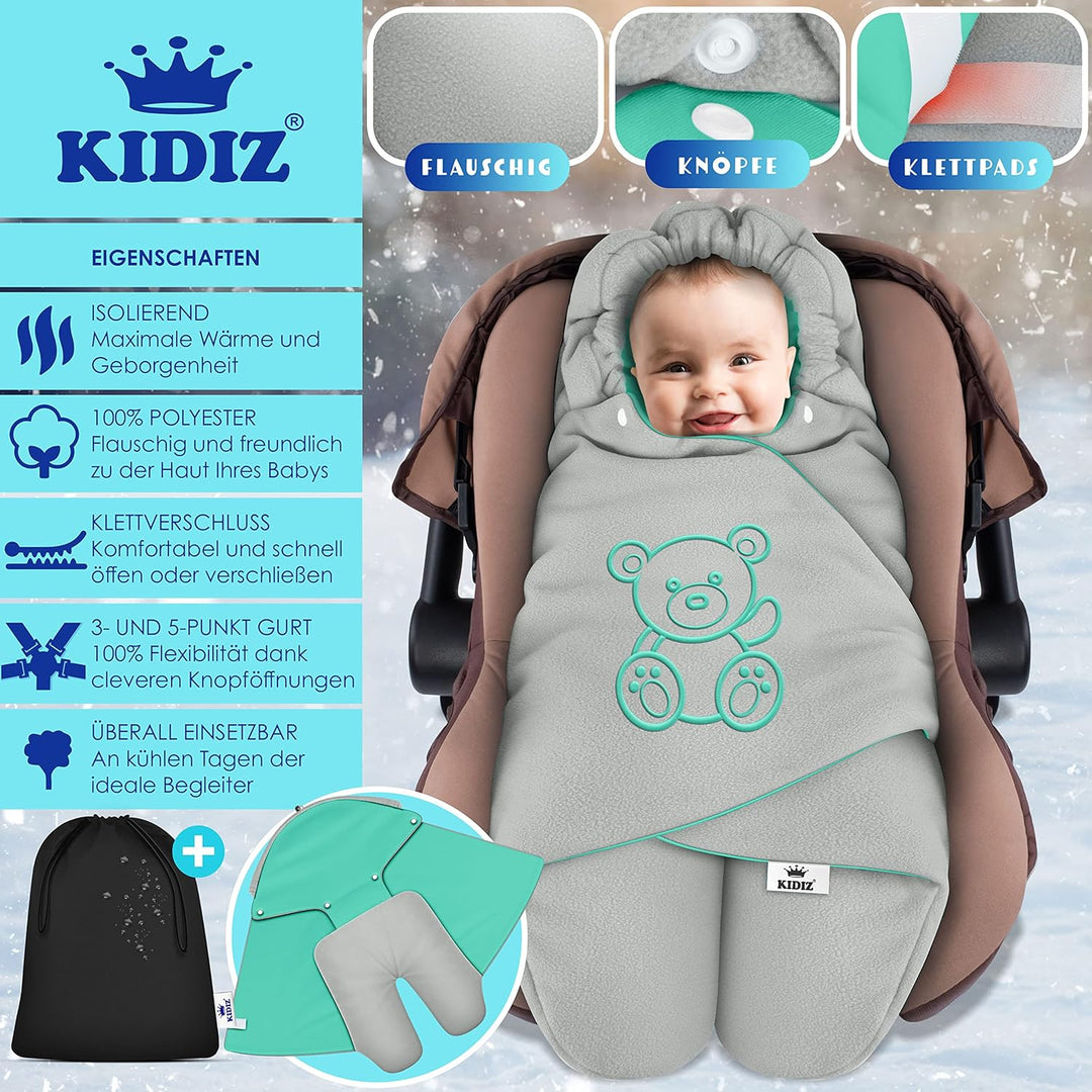 KIDIZ® Baby Einschlagdecke Winter mit Kapuze +Tasche Babyeinschlagdecke Universal für Babyschale, Au
