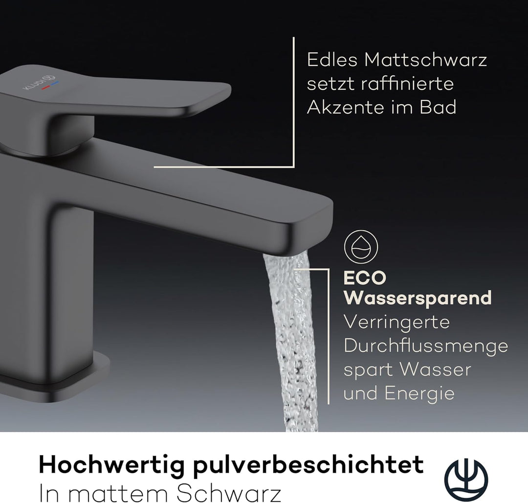 KLUDI-X3 Waschtischarmatur, Auslaufhöhe 85 mm, wassersparender Wasserhahn Bad Schwarz Matt Grösse S,
