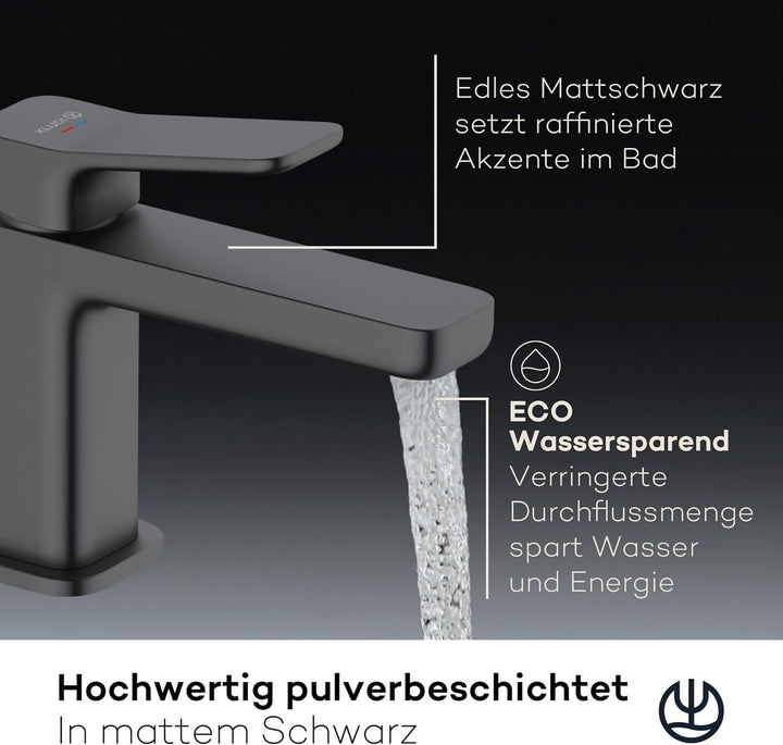KLUDI-X3 Waschtischarmatur, Auslaufhöhe 85 mm, wassersparender Wasserhahn Bad Schwarz Matt Grösse S,