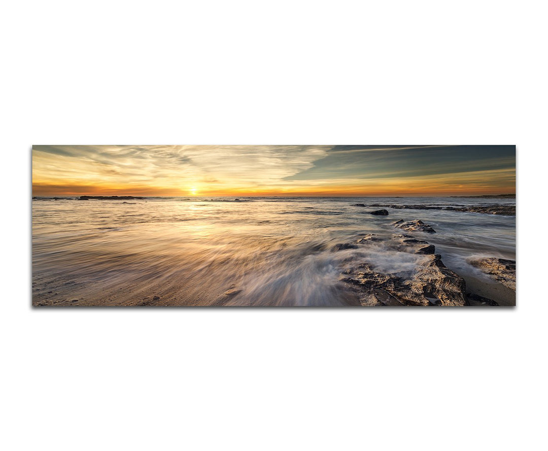 Paul Sinus Art Panoramabild auf Leinwand und Keilrahmen 150x50cm Meer Felsen Wolken Sonnenuntergang