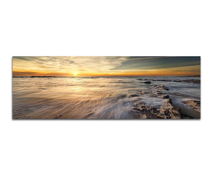 Paul Sinus Art Panoramabild auf Leinwand und Keilrahmen 150x50cm Meer Felsen Wolken Sonnenuntergang