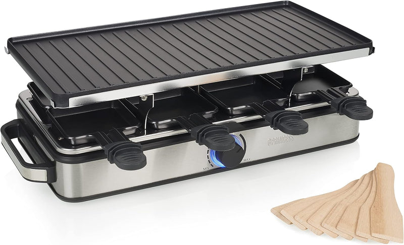 Princess Raclette Grill Deluxe - Wendbare Grillplatte, Edelstahlgehäuse, 8 Personen, 1400 Watt, Ther