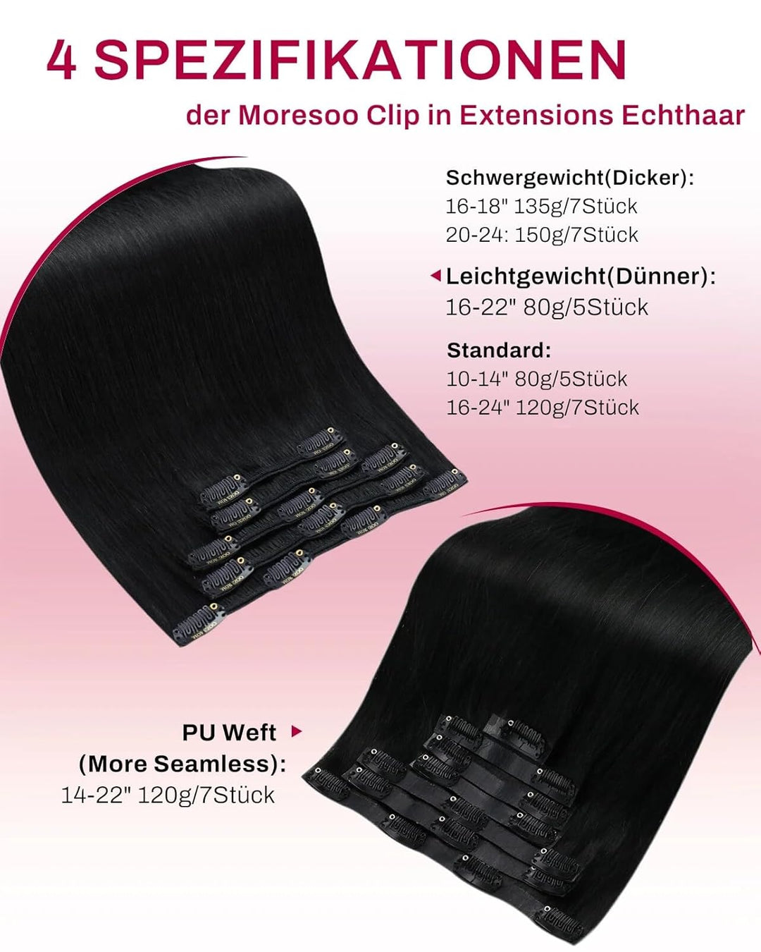 Moresoo Clip in Extensions Echthaar Schwarz Doppelt Tressen Echthaar Extensions Clip Glatt Dick Haar