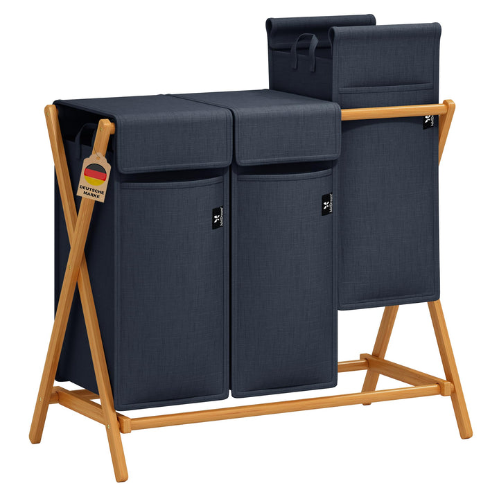 AdelDream Wäschekorb 3 Fächer 150L Bambus Wäschesammler Wäsche Sortiersystem X-förmige Wäschebox lau