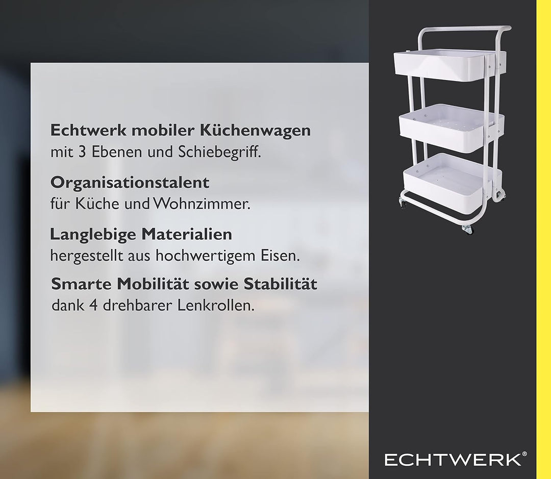 ECHTWERK mobiler Servierwagen für Küche/ Bad/ Büro mit 3 Ebenen, Küchenrollwagen, Küchenwagen, Werkz