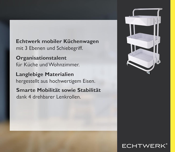 ECHTWERK mobiler Servierwagen für Küche/ Bad/ Büro mit 3 Ebenen, Küchenrollwagen, Küchenwagen, Werkz