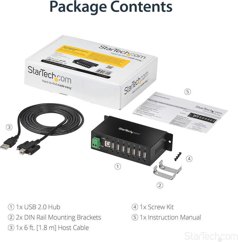 StarTech.com 7 Port USB 2.0 Hub - Industrieller USB-A Hub aus Metall mit ESD und 350W Überspannungss