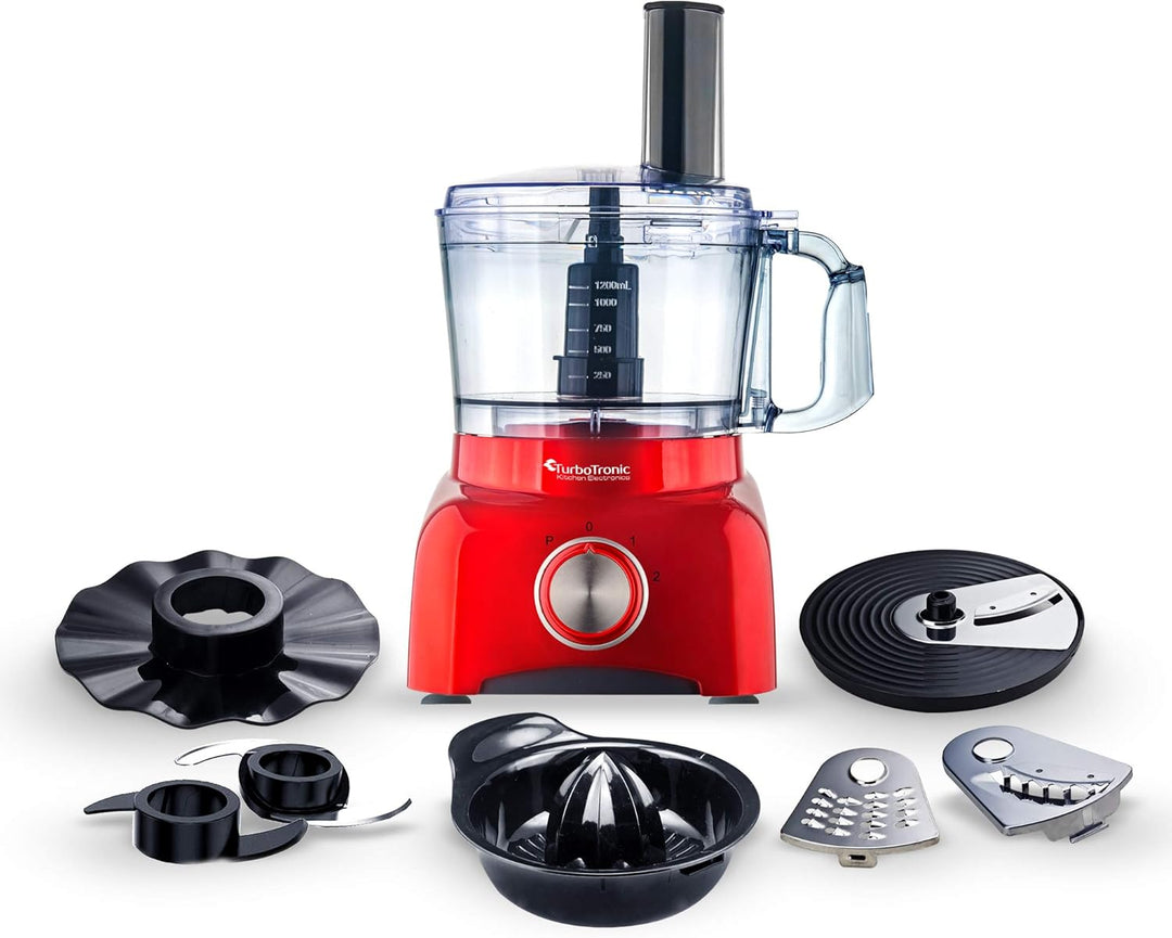 TurboTronic Food Processor 1,2L schwarz, rot, Küchenmaschine mit Mixaufsatz, Raspelscheiben,