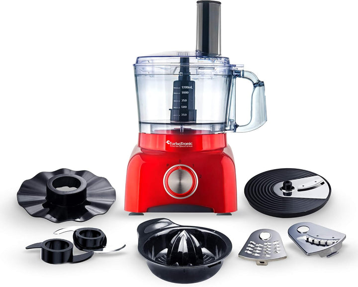 TurboTronic Food Processor 1,2L schwarz, rot, Küchenmaschine mit Mixaufsatz, Raspelscheiben,