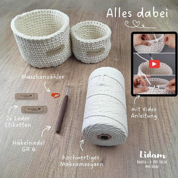 LIDAM 2 Körbe häkeln | Häkelset für Anfänger +Videoanleitung | Makrameegarn, Häkelnadel, Lederettike