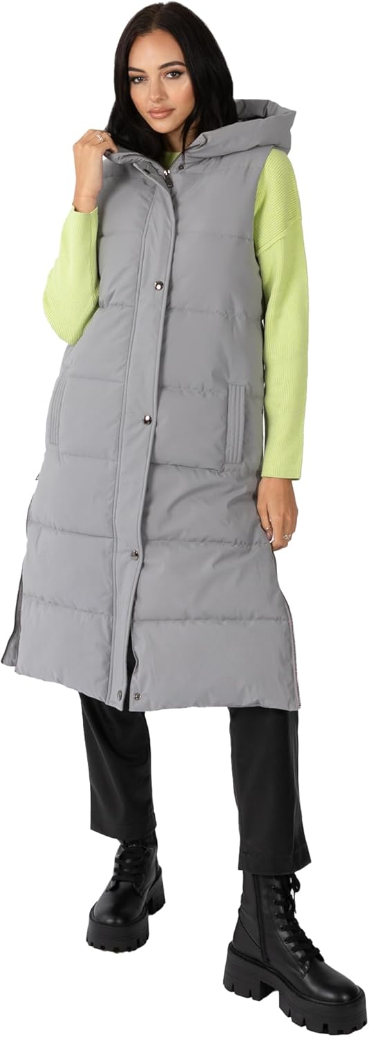 Women's Gilet Ladies Hooded Body Warmer Sleeveless Jacket Quilted Winter Coat Padded Longline Side P