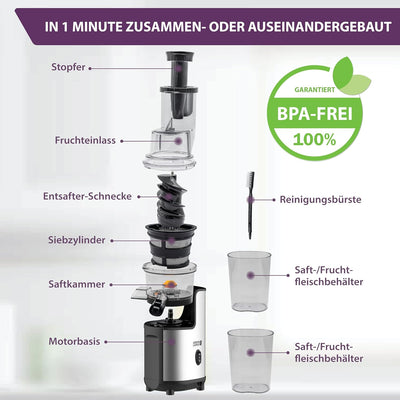 LEBENLANG Entsafter Slow Juicer Edelstahl - Gemüse und Obst & BPA-Frei l Selleriesaft Saft Karotten