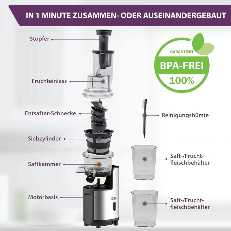 LEBENLANG Entsafter Slow Juicer Edelstahl - Gemüse und Obst & BPA-Frei l Selleriesaft Saft Karotten